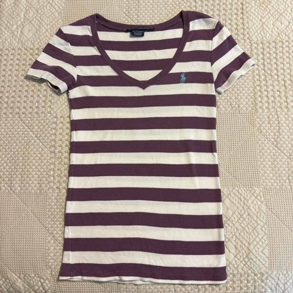 Ralph Lauren purple and white striped V-neck t-shirt